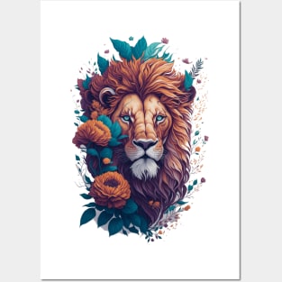 Vintage Lion Head with Flowers Splash Posters and Art